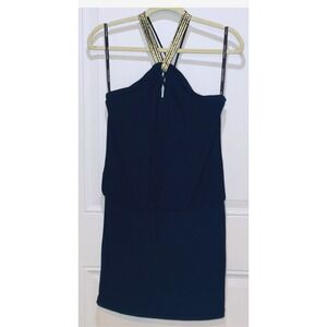 BISOU BISOU navy gold bodycon mini dress keyhole cross strap party cocktail sz 6